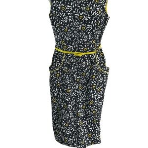 London Times Black & White Floral Sheath Dress Yellow Belt Mod chic Office Sz 12